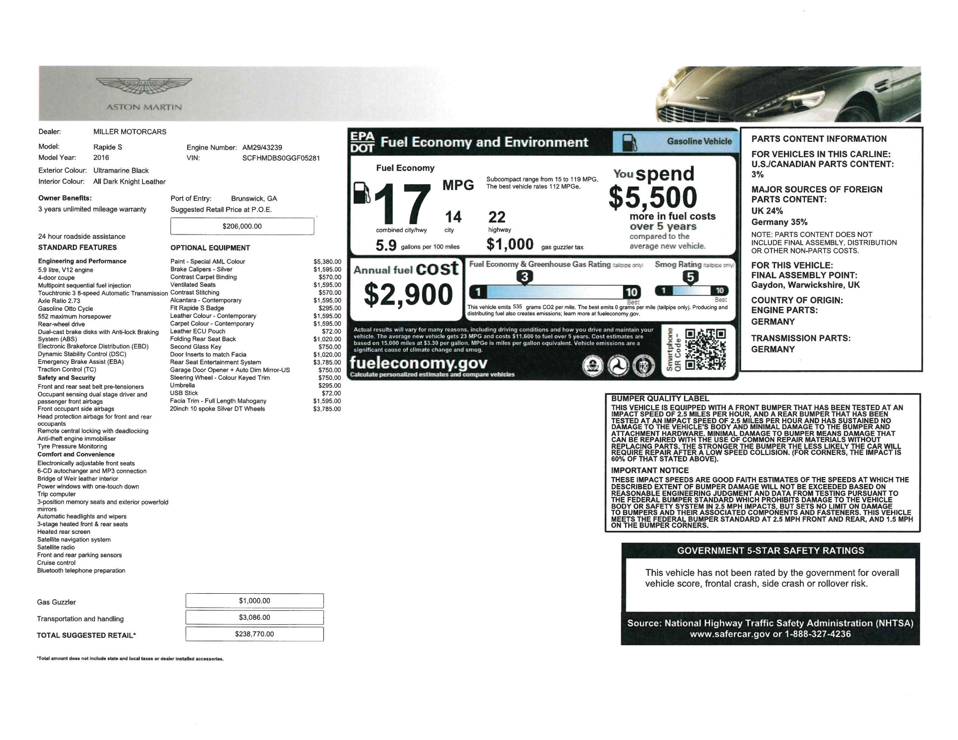 Pre-Owned 2016 Aston Martin Rapide S Sedan For Sale ($123,900