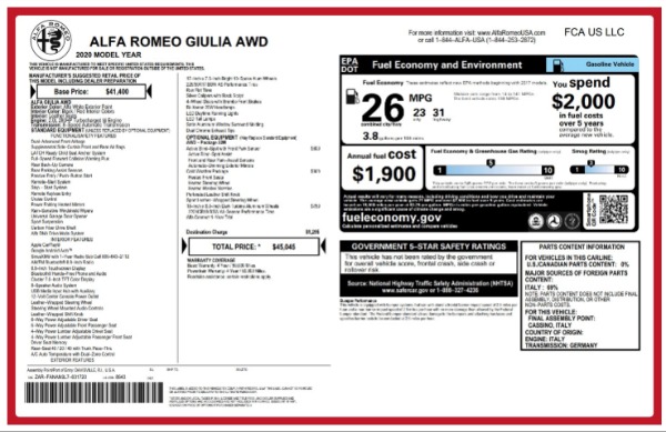 New 2020 Alfa Romeo Giulia Q4 for sale $45,045 at Bentley Greenwich in Greenwich CT 06830 2