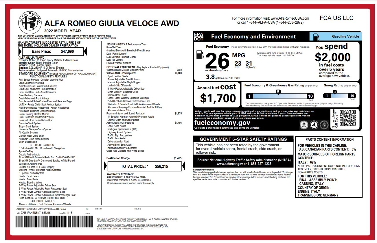 Used 2022 Alfa Romeo Giulia Veloce for sale $28,900 at Bentley Greenwich in Greenwich CT 06830 1