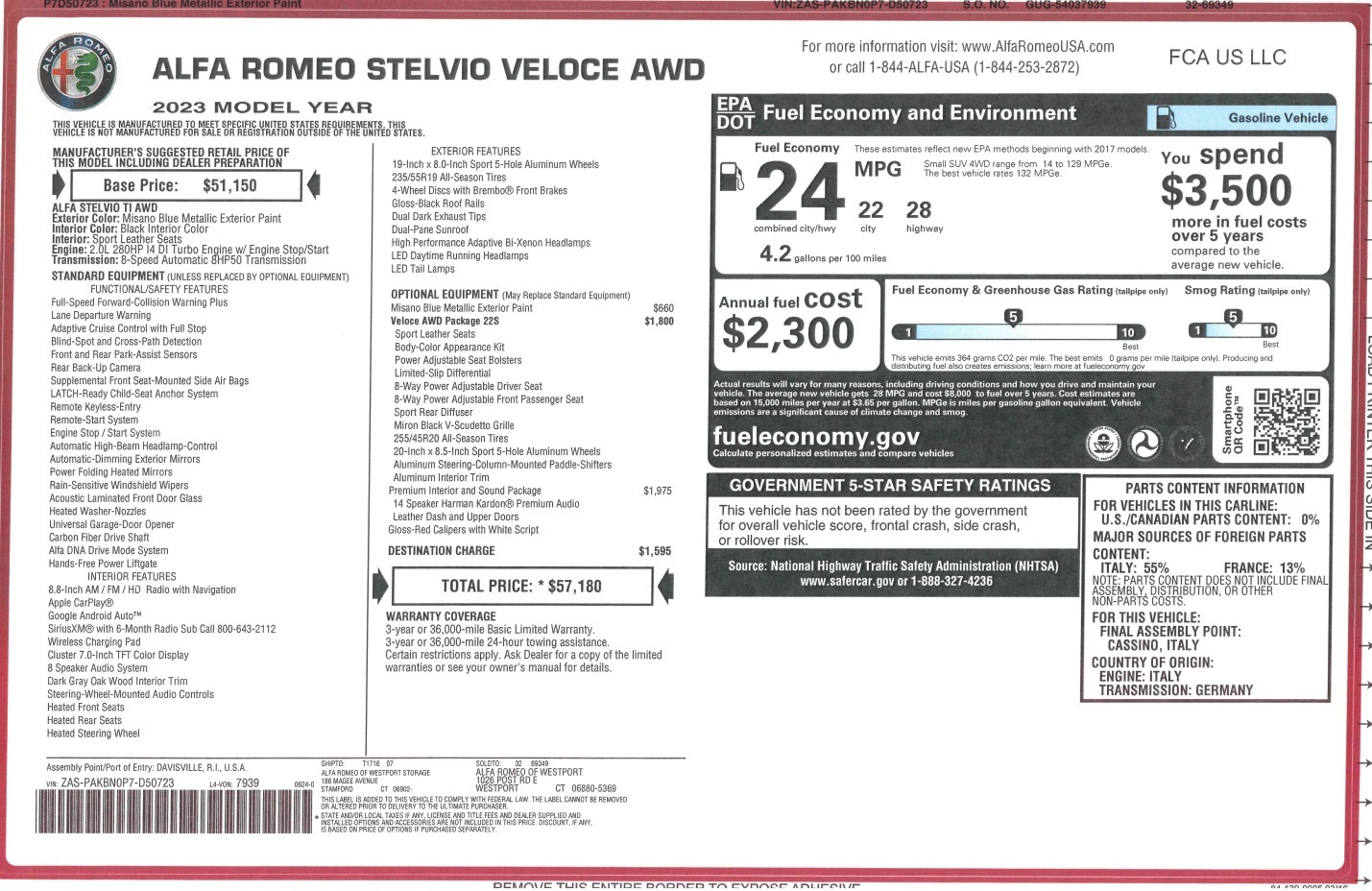 New 2023 Alfa Romeo Stelvio Veloce for sale $57,180 at Bentley Greenwich in Greenwich CT 06830 1