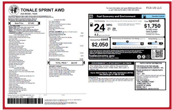New 2026 Alfa Romeo Tonale Sprint for sale $46,935 at Bentley Greenwich in Greenwich CT 06830 23