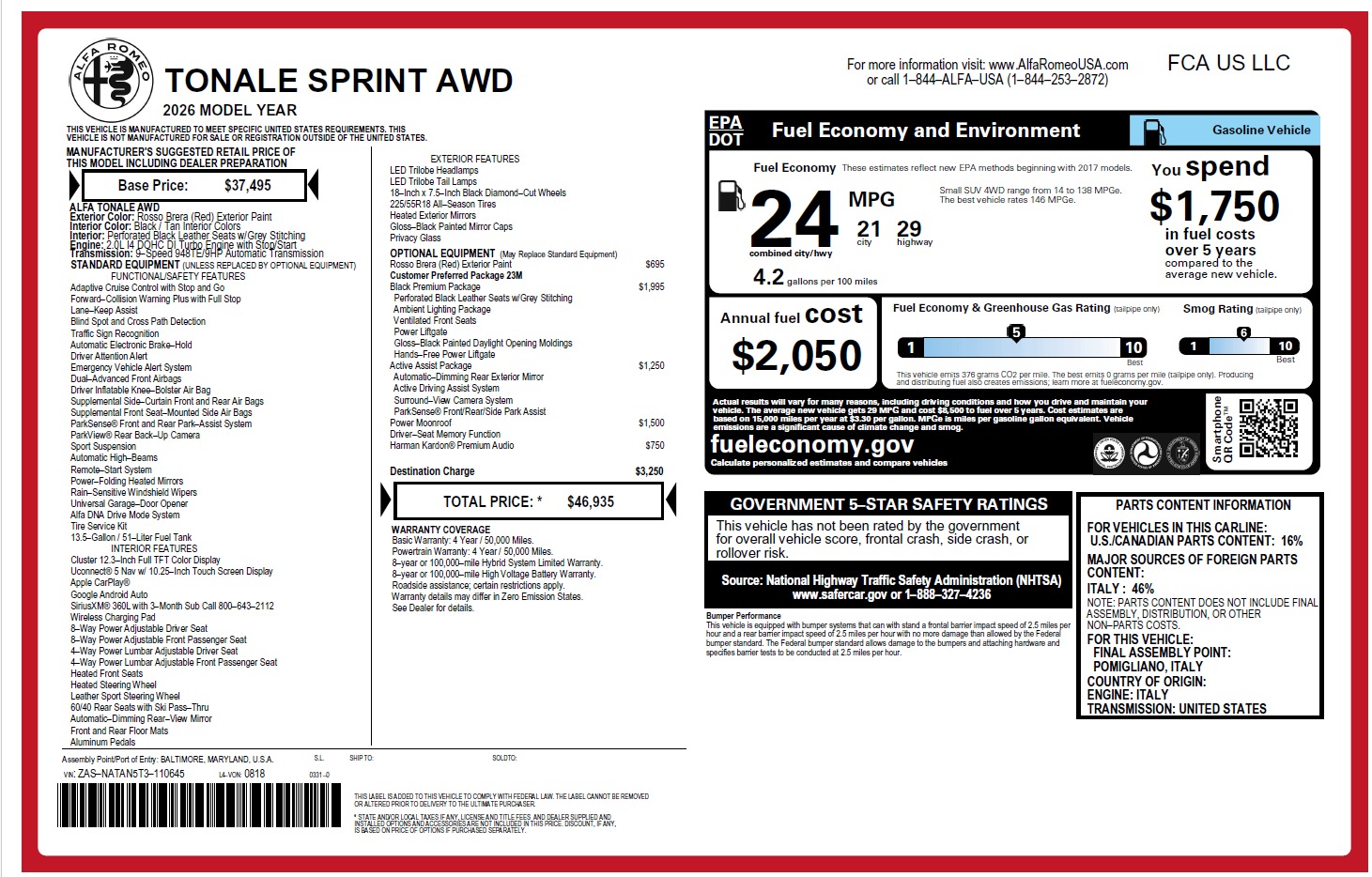 New 2026 Alfa Romeo Tonale Sprint for sale $46,935 at Bentley Greenwich in Greenwich CT 06830 1