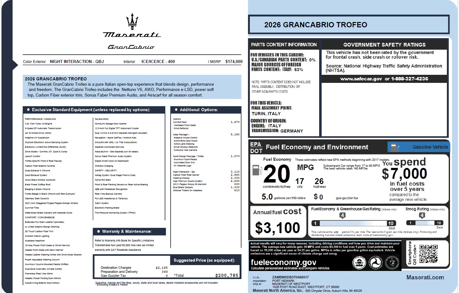 New 2026 Maserati GranCabrio Trofeo for sale $200,785 at Bentley Greenwich in Greenwich CT 06830 1