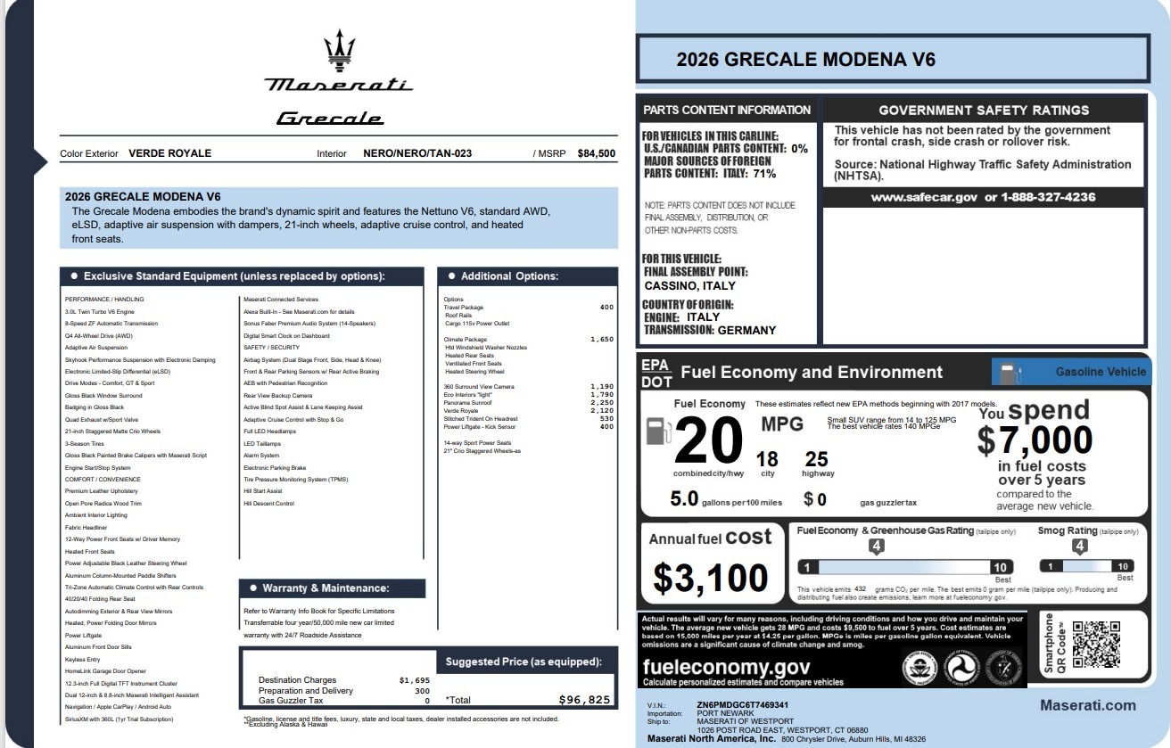 New 2026 Maserati Grecale Modena V6 for sale $96,825 at Bentley Greenwich in Greenwich CT 06830 1
