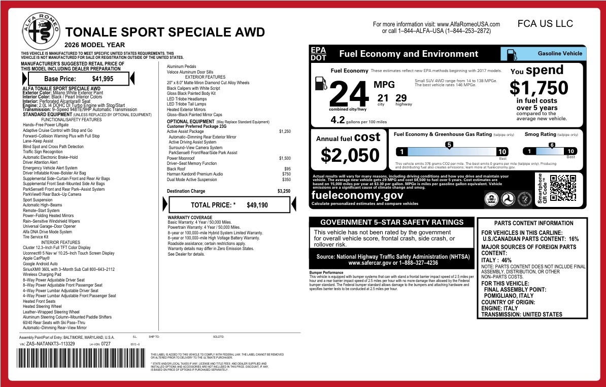 New 2026 Alfa Romeo Tonale Sport Speciale for sale $49,190 at Bentley Greenwich in Greenwich CT 06830 1