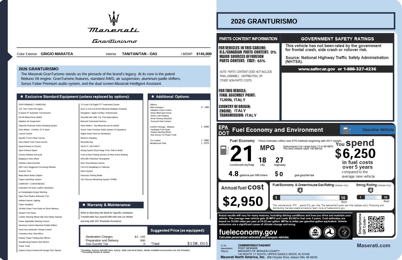 New 2026 Maserati GranTurismo for sale $158,015 at Bentley Greenwich in Greenwich CT 06830 1