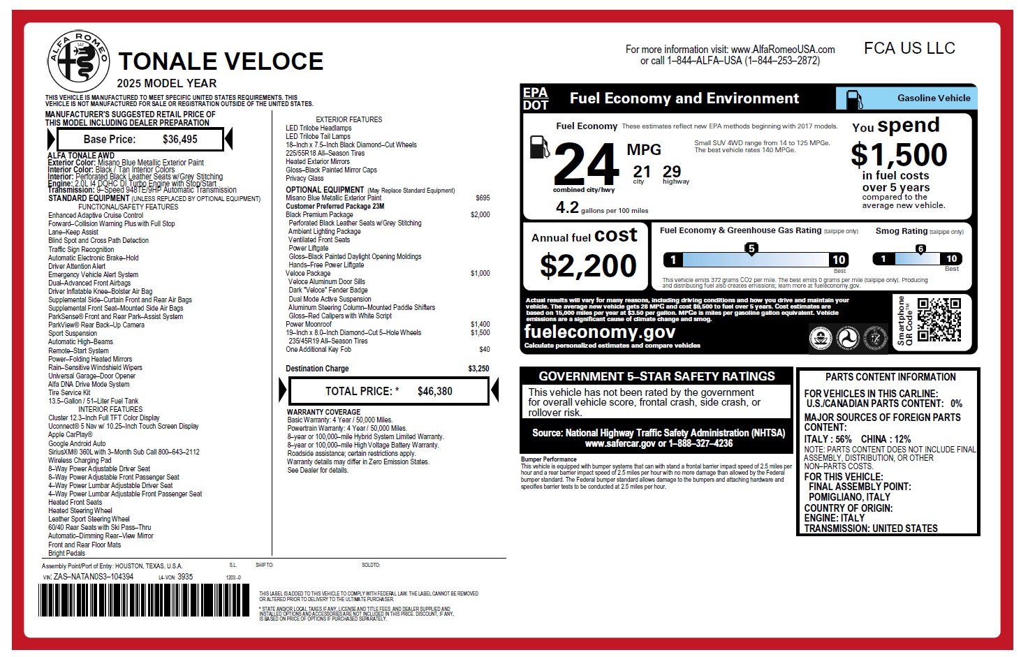 New 2025 Alfa Romeo Tonale for sale $46,380 at Bentley Greenwich in Greenwich CT 06830 1