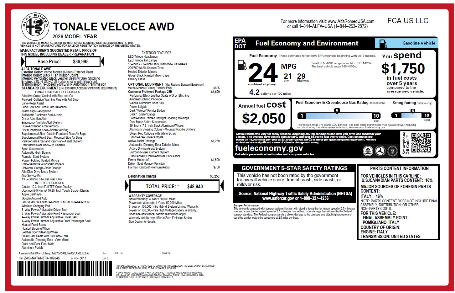 New 2026 Alfa Romeo Tonale Veloce for sale $48,940 at Bentley Greenwich in Greenwich CT 06830 1