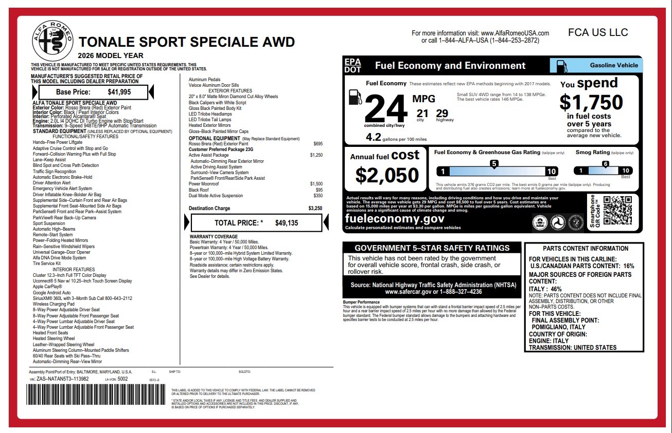New 2026 Alfa Romeo Tonale Sport Speciale for sale $49,135 at Bentley Greenwich in Greenwich CT 06830 1