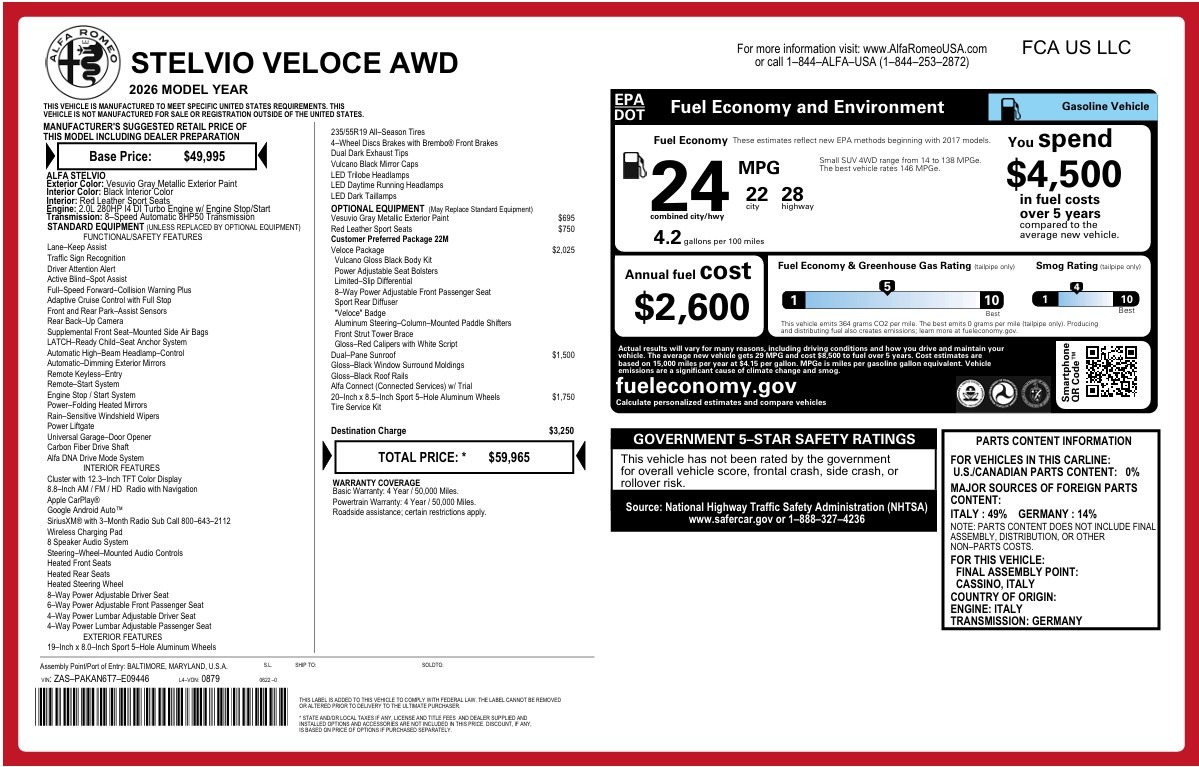 New 2026 Alfa Romeo Stelvio Veloce for sale $59,965 at Bentley Greenwich in Greenwich CT 06830 1