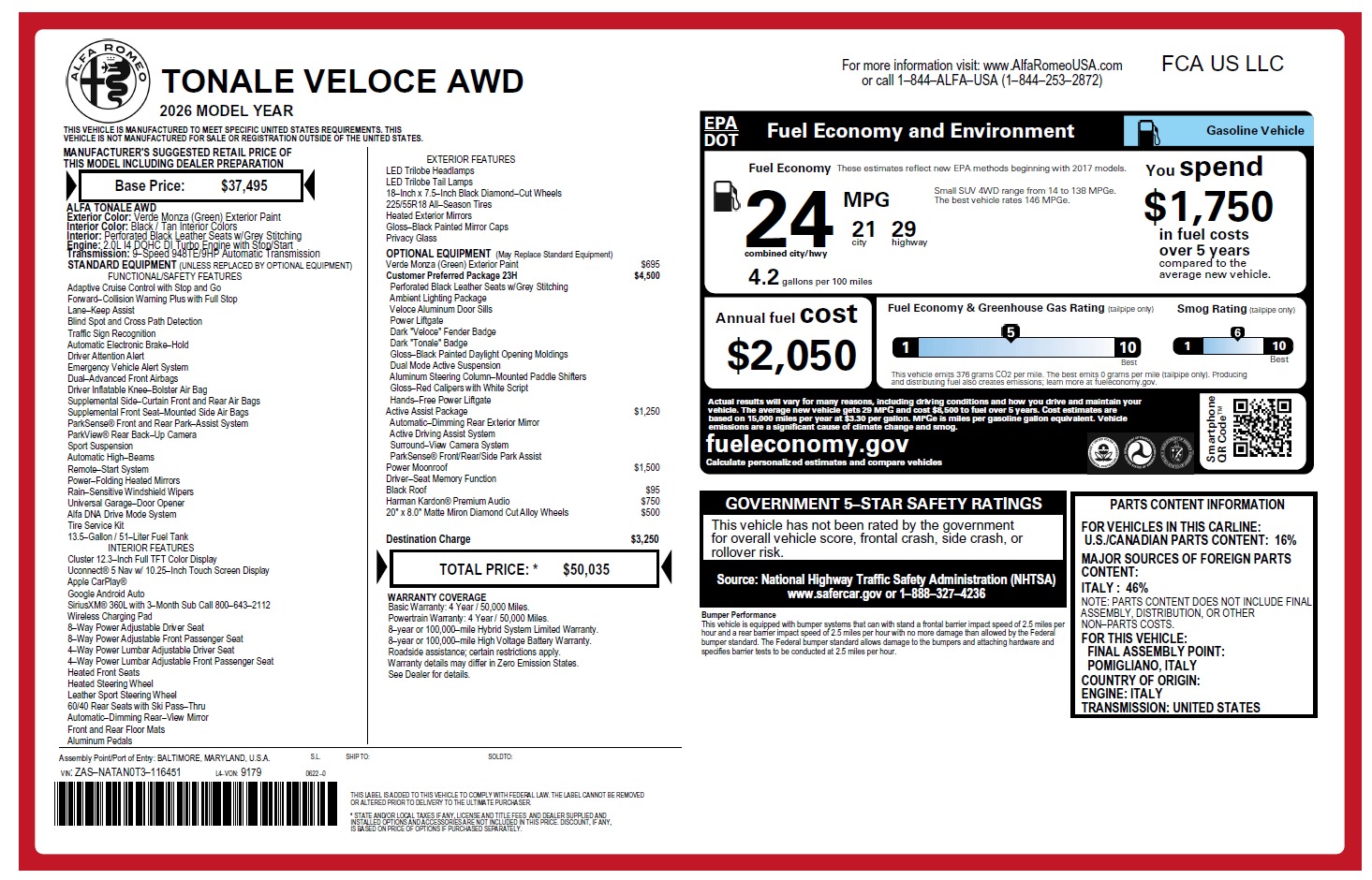 New 2026 Alfa Romeo Tonale Veloce for sale $50,035 at Bentley Greenwich in Greenwich CT 06830 1