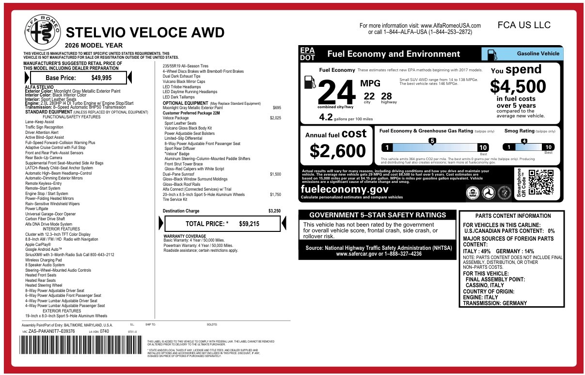 New 2026 Alfa Romeo Stelvio Veloce for sale $59,215 at Bentley Greenwich in Greenwich CT 06830 1