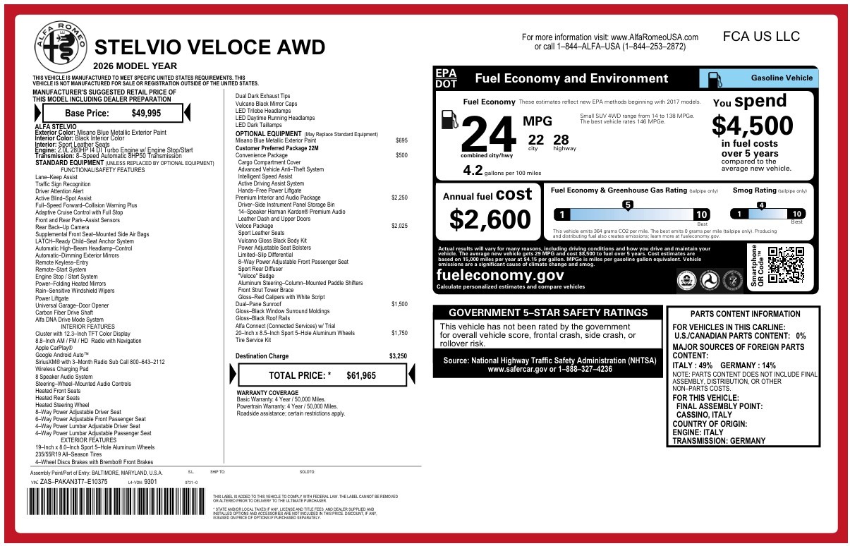 New 2026 Alfa Romeo Stelvio Veloce for sale $61,965 at Bentley Greenwich in Greenwich CT 06830 1