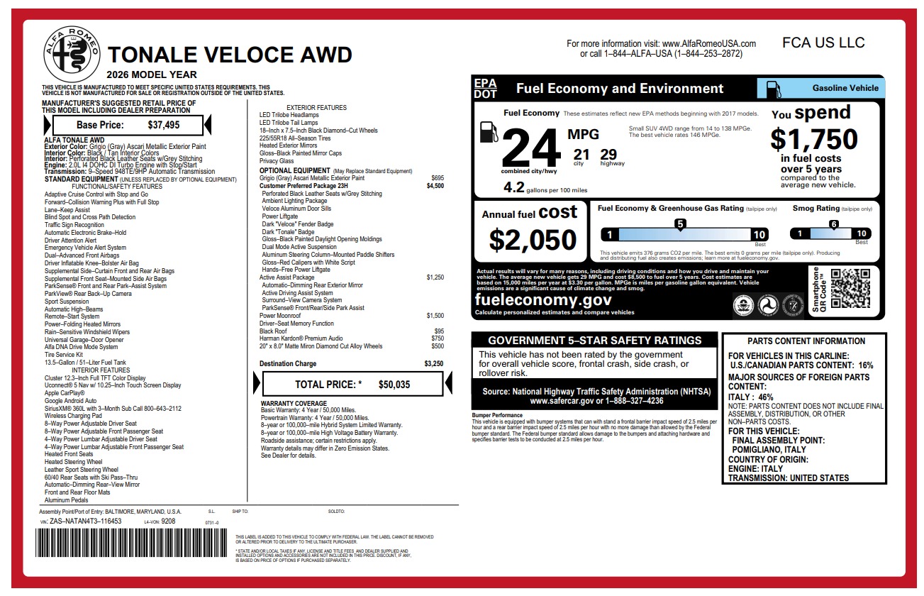 New 2026 Alfa Romeo Tonale Veloce for sale $50,035 at Bentley Greenwich in Greenwich CT 06830 1