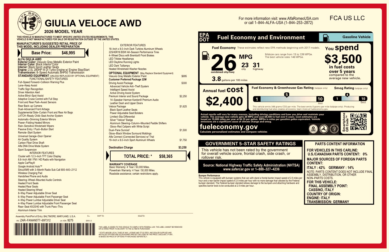 New 2026 Alfa Romeo Giulia VELOCE for sale $58,365 at Bentley Greenwich in Greenwich CT 06830 1