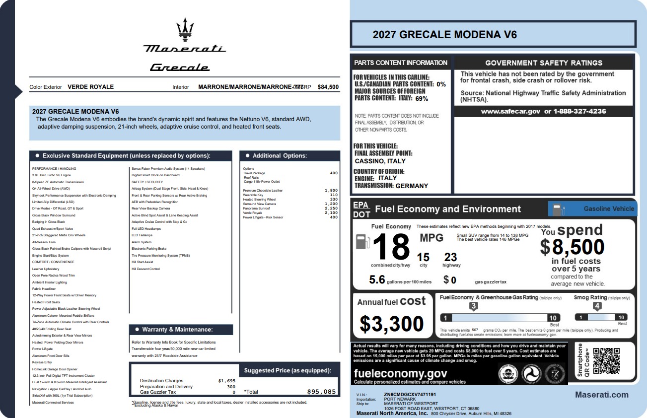 New 2027 Maserati Grecale Modena V6 for sale $95,085 at Bentley Greenwich in Greenwich CT 06830 1