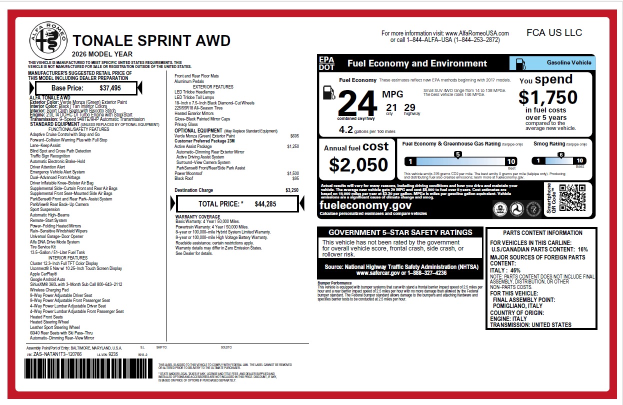 New 2026 Alfa Romeo Tonale Sprint for sale $44,285 at Bentley Greenwich in Greenwich CT 06830 1