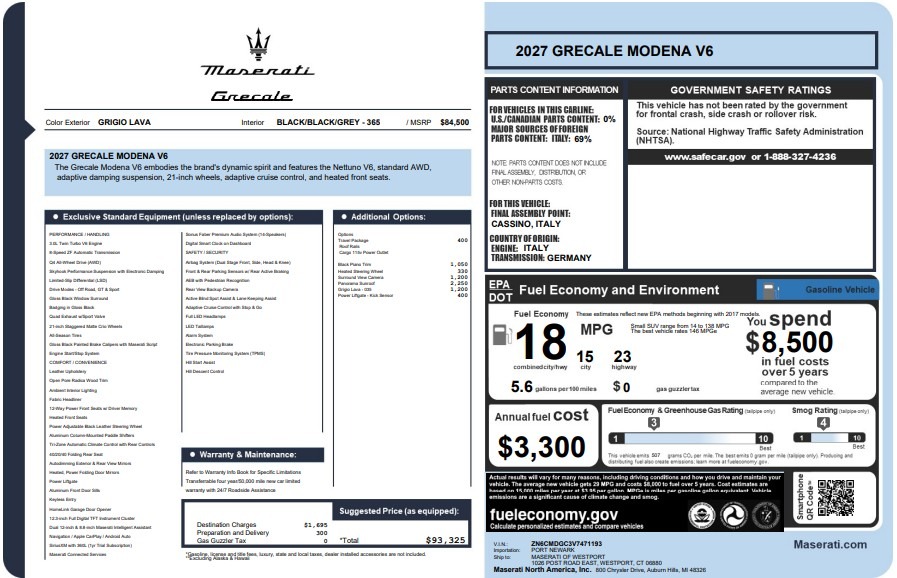New 2027 Maserati Grecale Modena V6 for sale $93,325 at Bentley Greenwich in Greenwich CT 06830 1